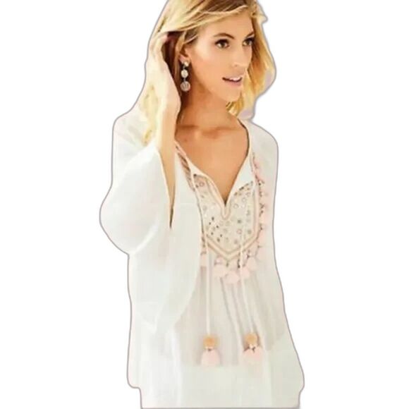 Lilly Pulitzer Shandy Tunic Size Medium Pink & Cream Bohemian Tassel Peasant - Picture 1 of 14